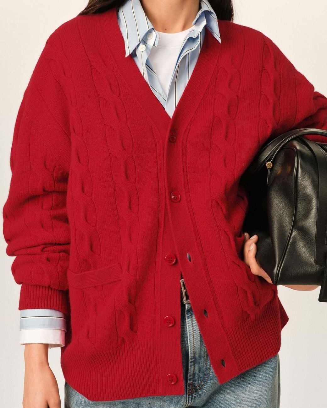 AMI Red Ami Cable-Knit V-Neck Cardigan for men