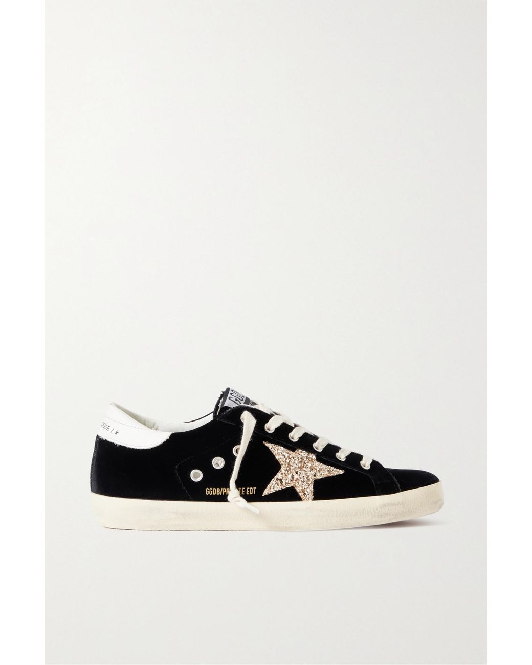 Golden Goose Deluxe Brand Black Super-Star Eyelet-Embellished Distressed Glittered Leather And Velvet Sneakers