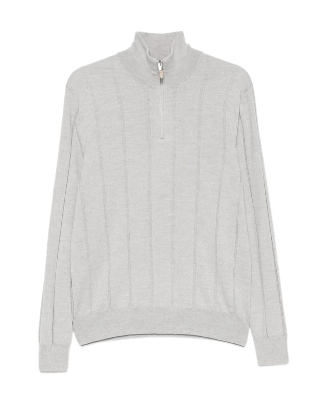 Canali White Ribbed-Knit Quarter-Zip Sweater for men