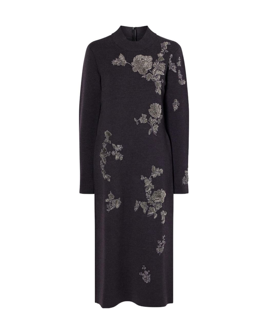 Oscar de la Renta Black Bead-Embellished Embroidered Wool-Blend Knitted Midi Dress