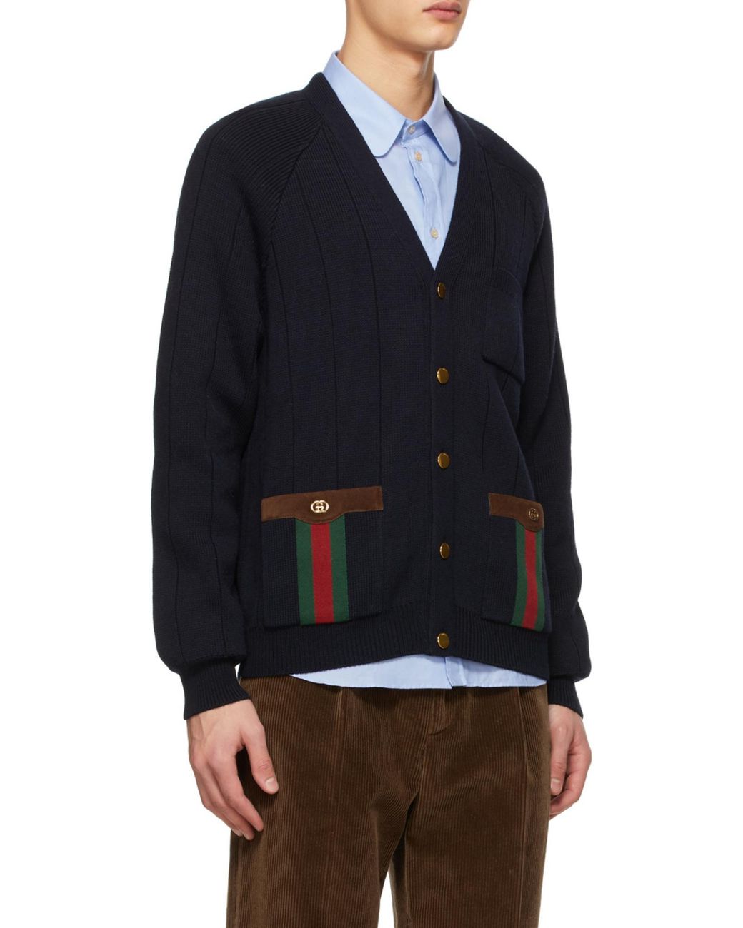 Gucci Blue Knit Wool Blend Cardigan With Web for men