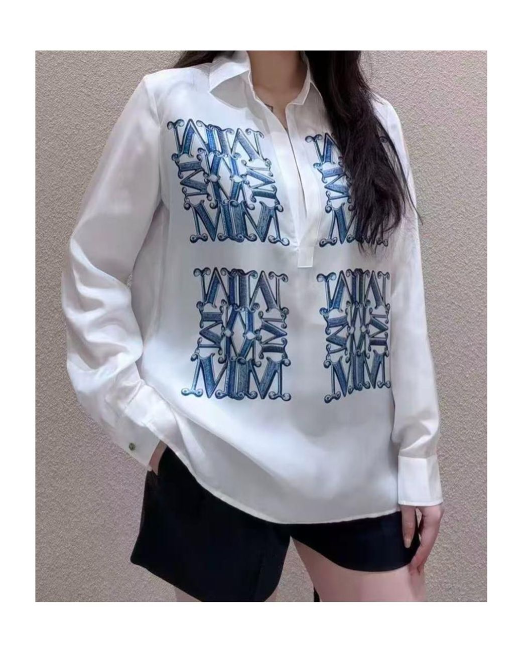 Max Mara Blue Filtro Logo Printed Button-Up Shirt