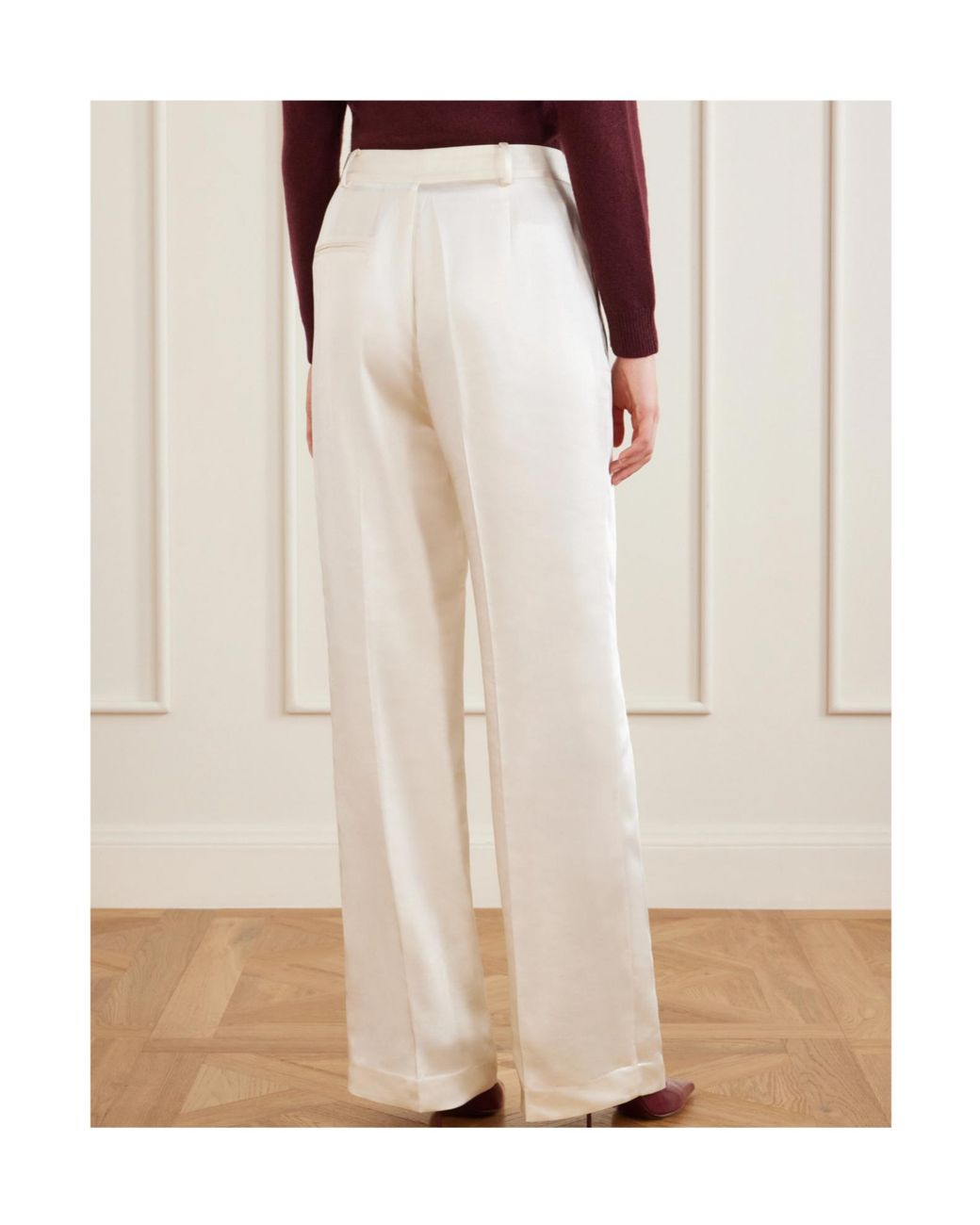 Self-Portrait White Pleated Satin-Finish Tailored Trousers