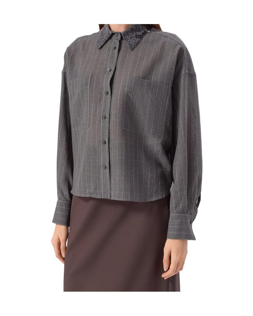 Brunello Cucinelli Gray Embellished Striped Shirt