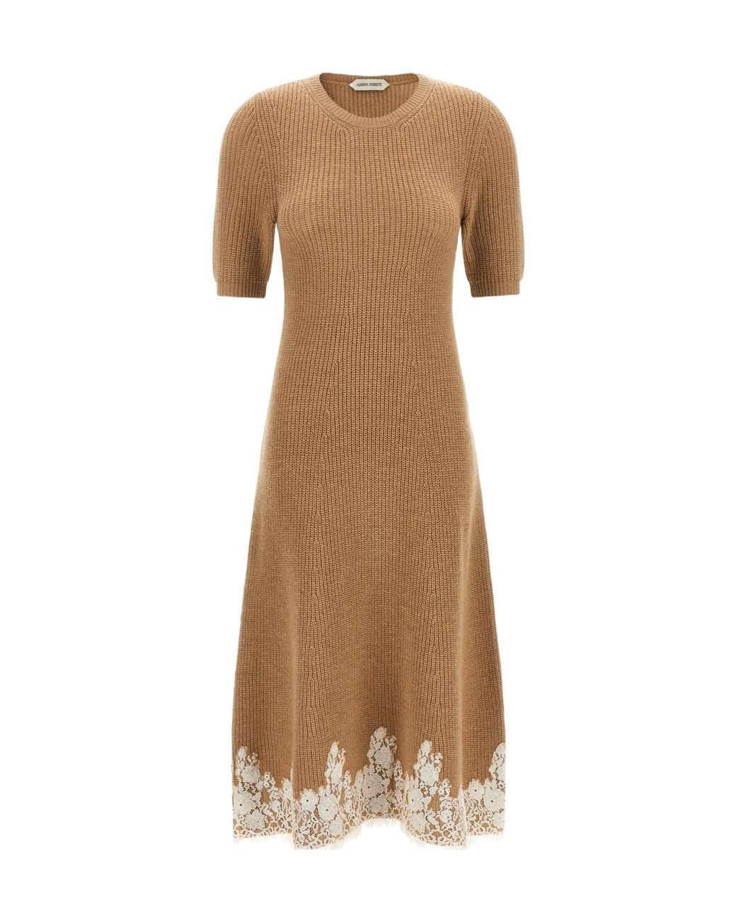 Alberta Ferretti Natural Lace Hem Ribbed Knit Dress
