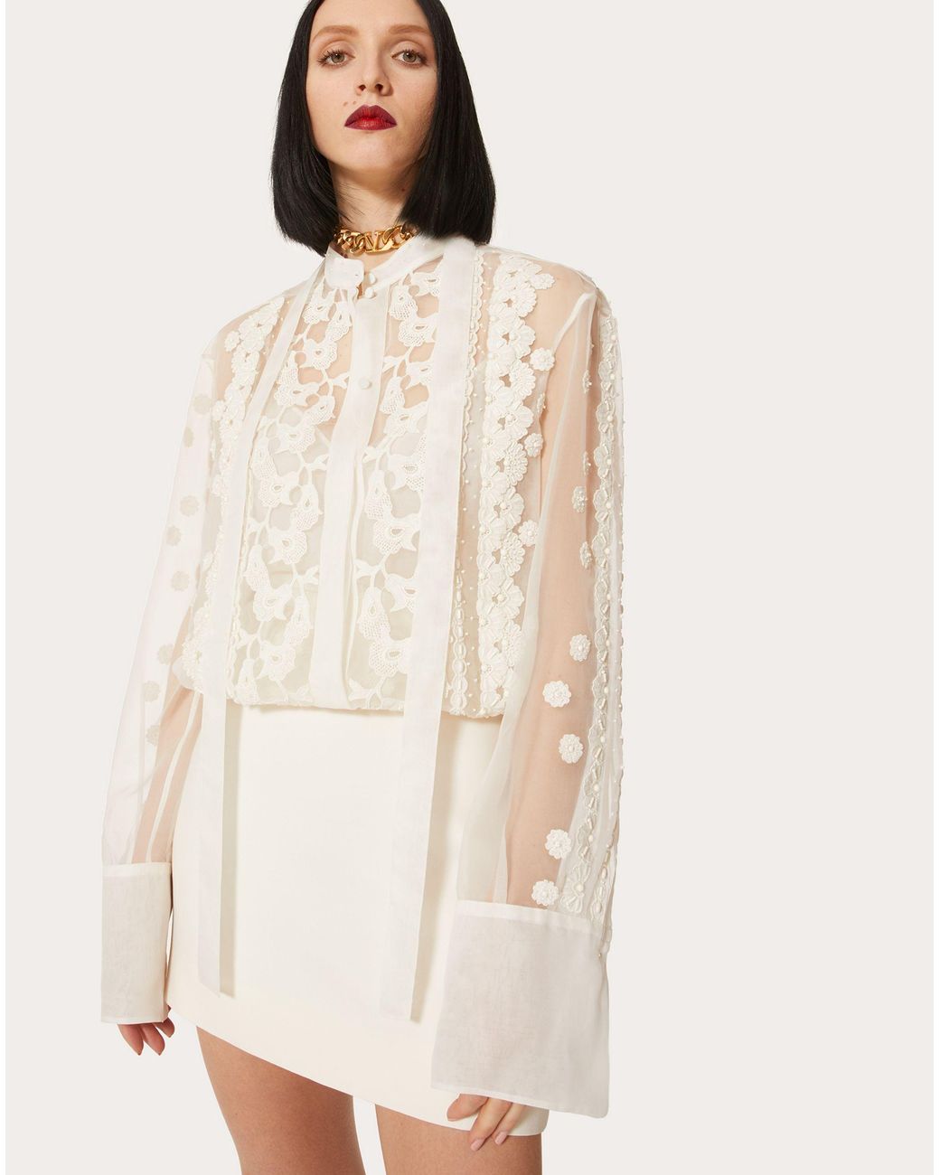 Valentino White Floral-Embroidered Long-Sleeve Dress