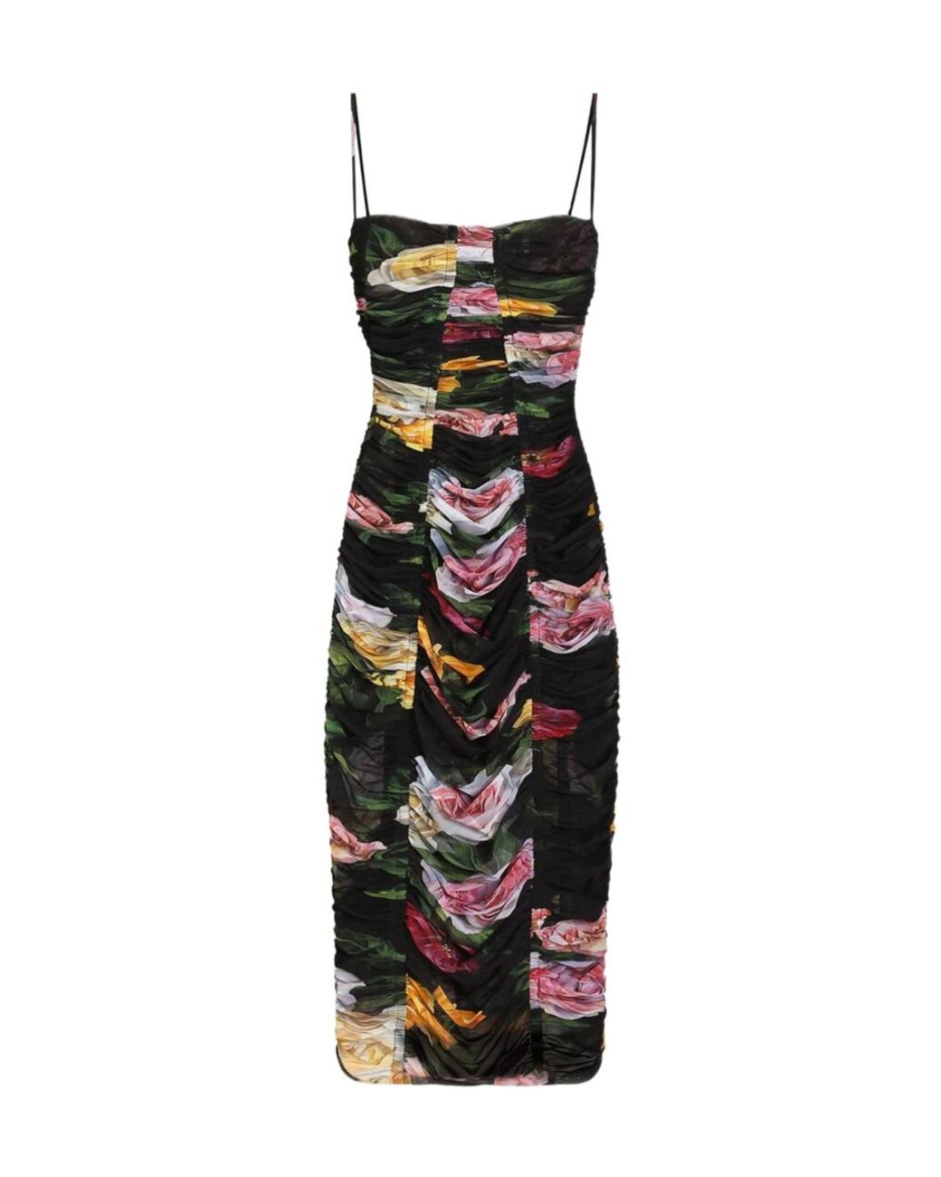 Dolce & Gabbana Black Floral Printed Tulle Calf-Length Slip Dress