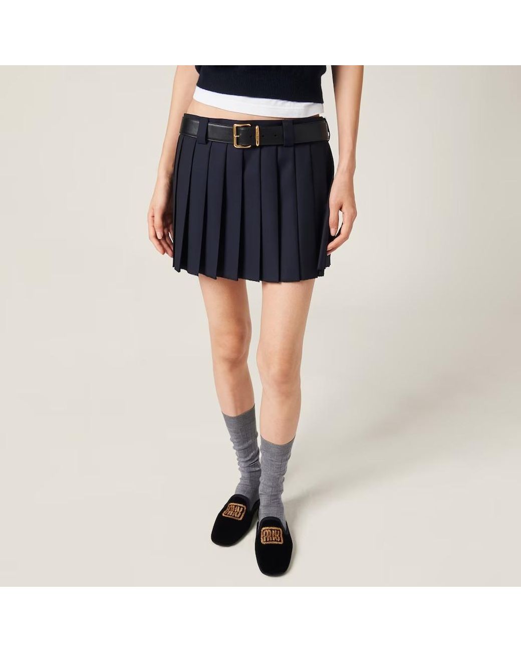 Miu Miu Blue Logo-Patch Pleated Mini Skirt