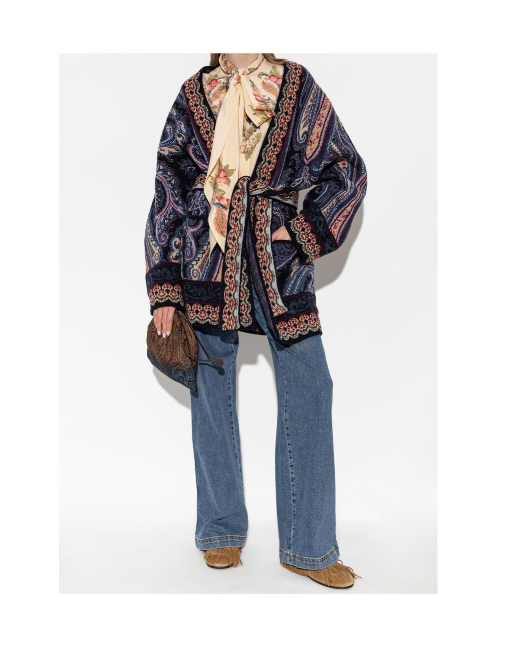 Etro Blue Belted Pattern Knit Cardigan