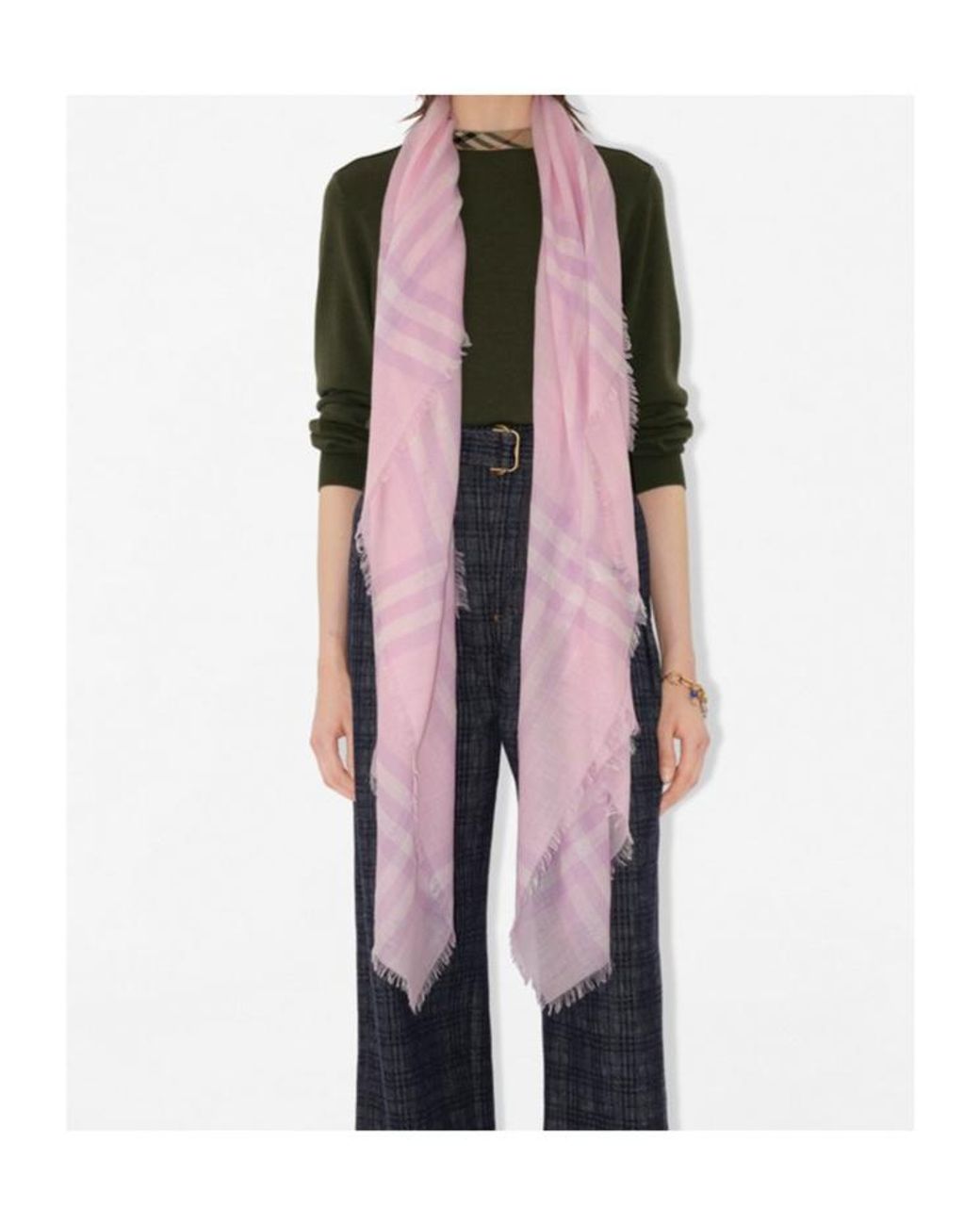 Burberry Pink Check Pattern Frayed-Edge Scarf