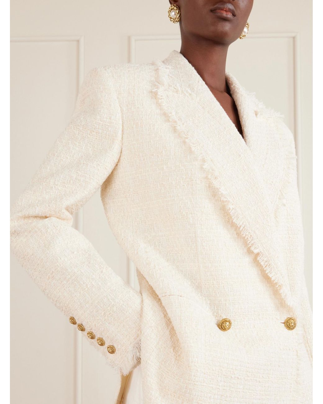 Balmain White Double-Breasted Fringed Trim Jacket