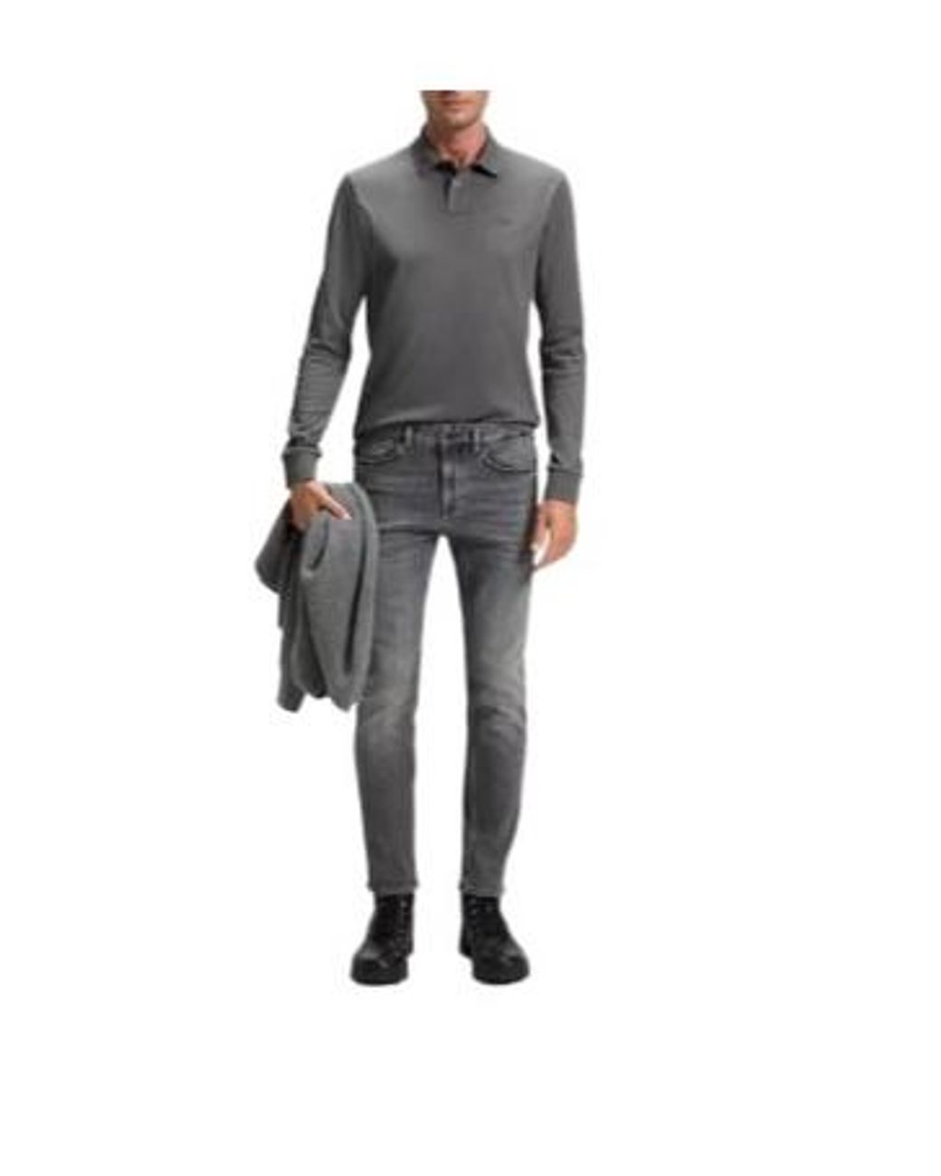 Boss Gray Slim-Fit Long-Sleeve Polo Shirt for men