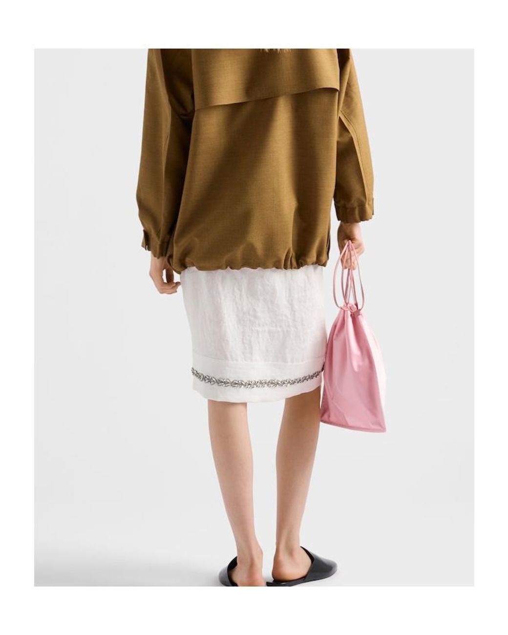 Prada White Embroidered Slubbed Fabric Skirt
