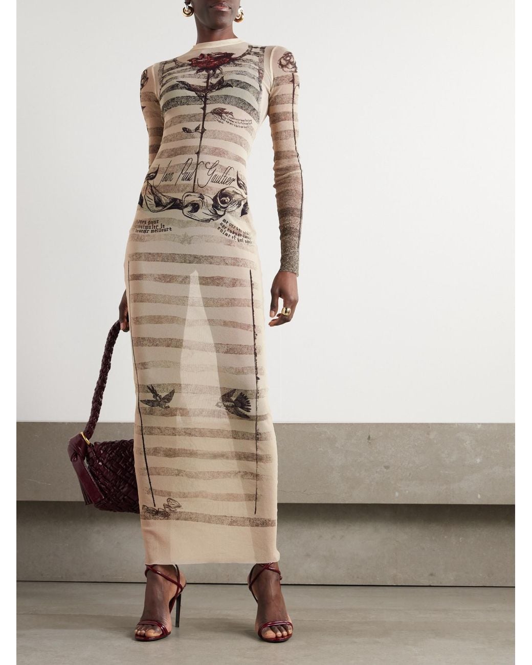 Jean Paul Gaultier Natural Printed Mesh Maxi Dress