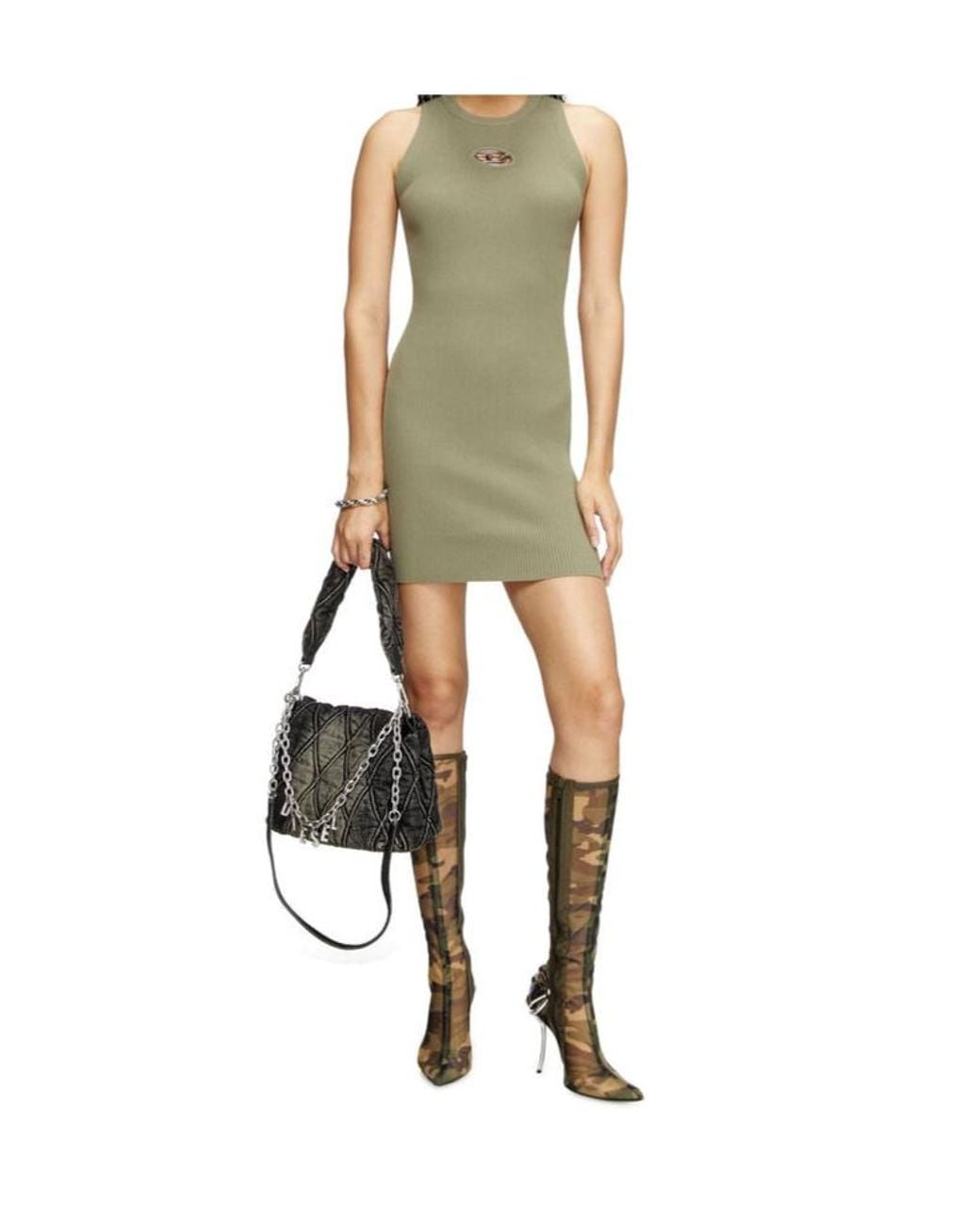 DIESEL Green M-Caddix Ribbed Knitted Sleeveless Dress