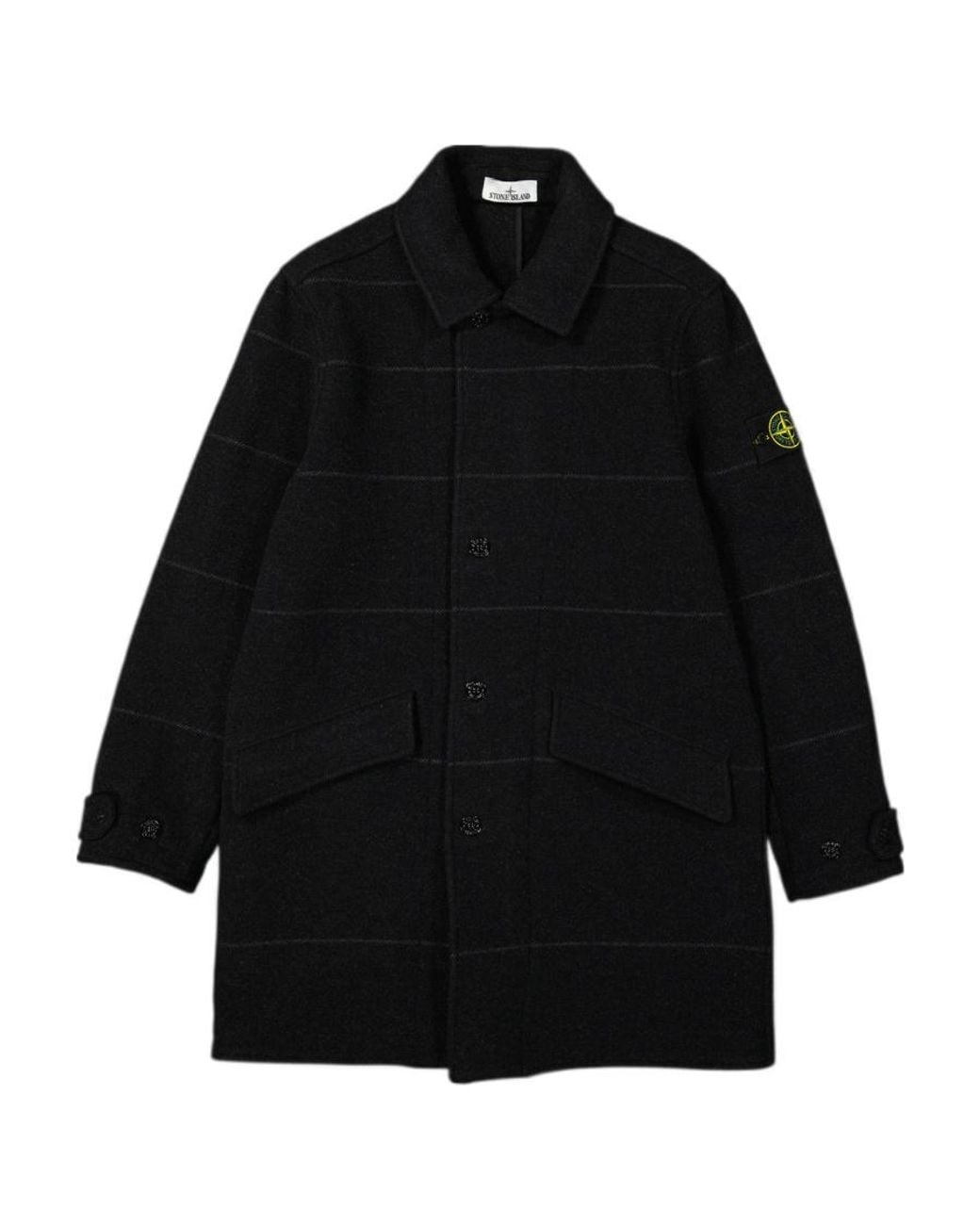 Stone Island Black Striped Single-Breasted Coat for men