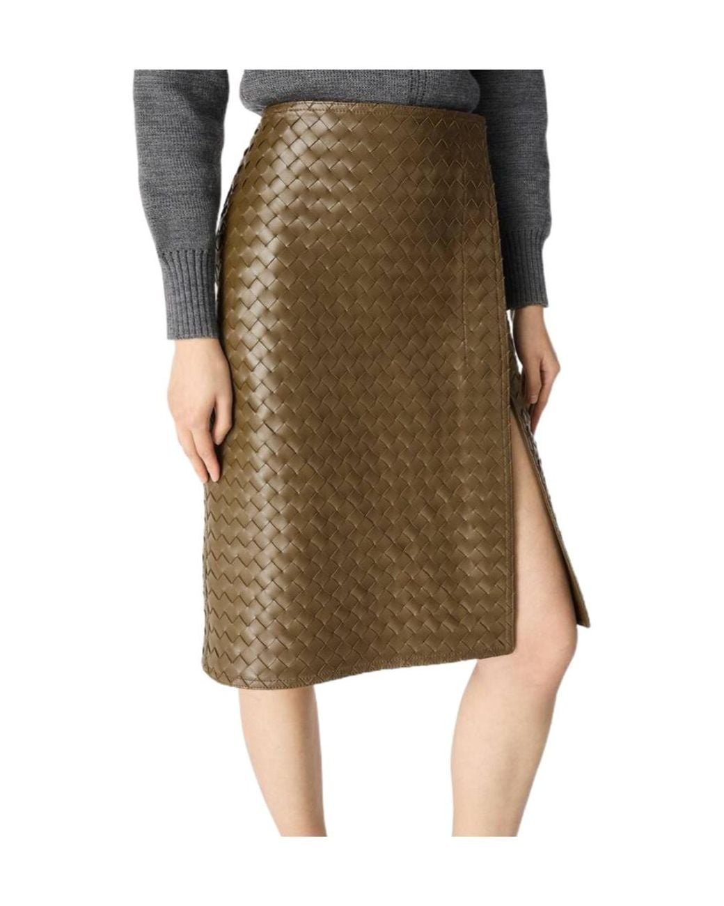 Bottega Veneta Green Intrecciato Leather Skirt
