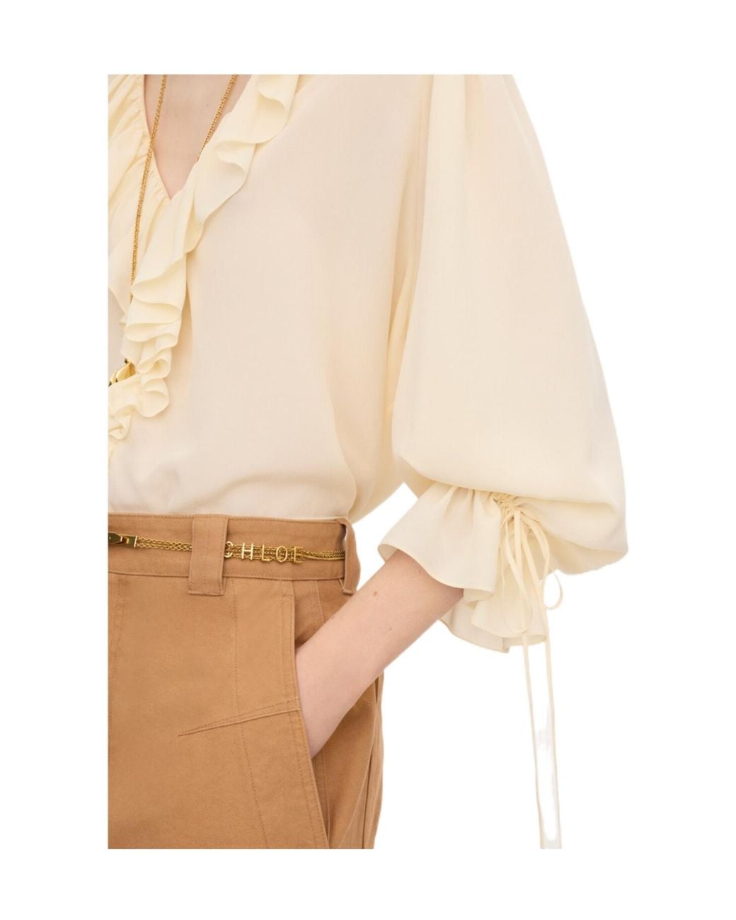 Chloé Natural Chloé Ruffled V-Neck High-Low Top