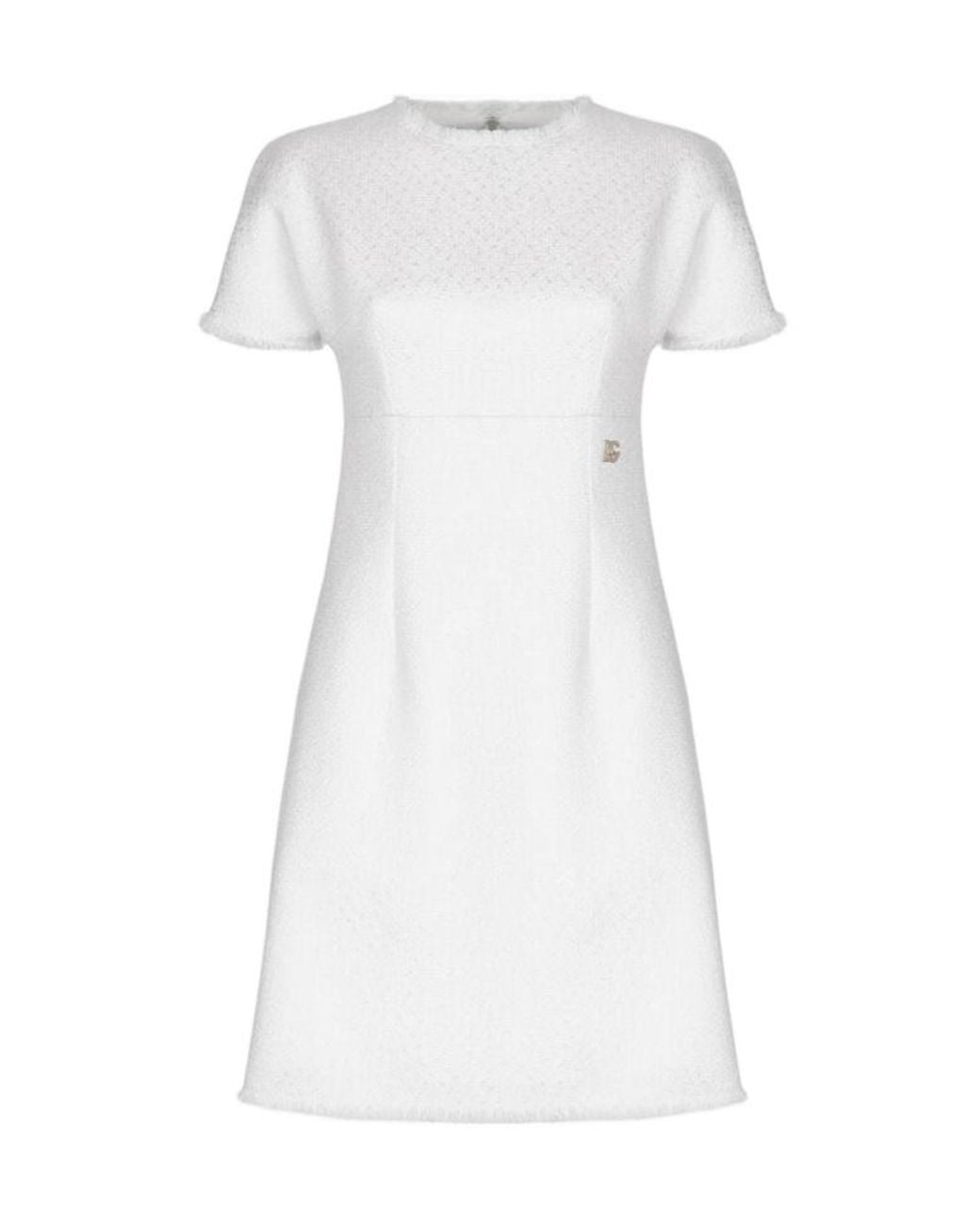 Dolce & Gabbana White Dg Logo Plaque Raschel Tweed Midi Dress