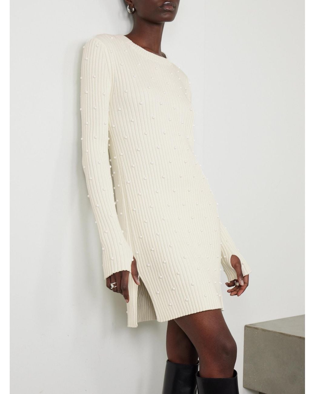Helmut Lang White Bead-Embellished Ribbed-Knit Dress