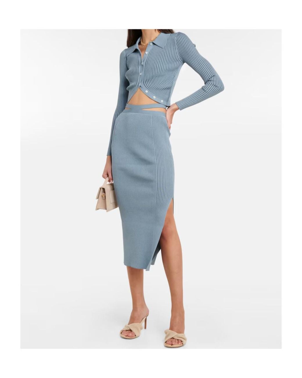 Jonathan Simkhai Blue Ribbed Knit Openwork Midi Skirt