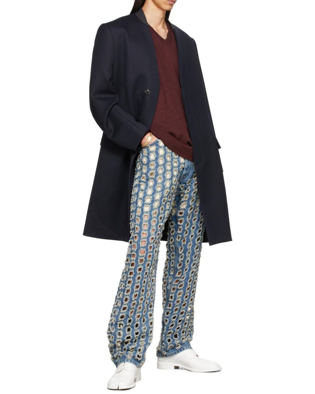 Maison Margiela Blue Collarless Single Breasted Coat for men