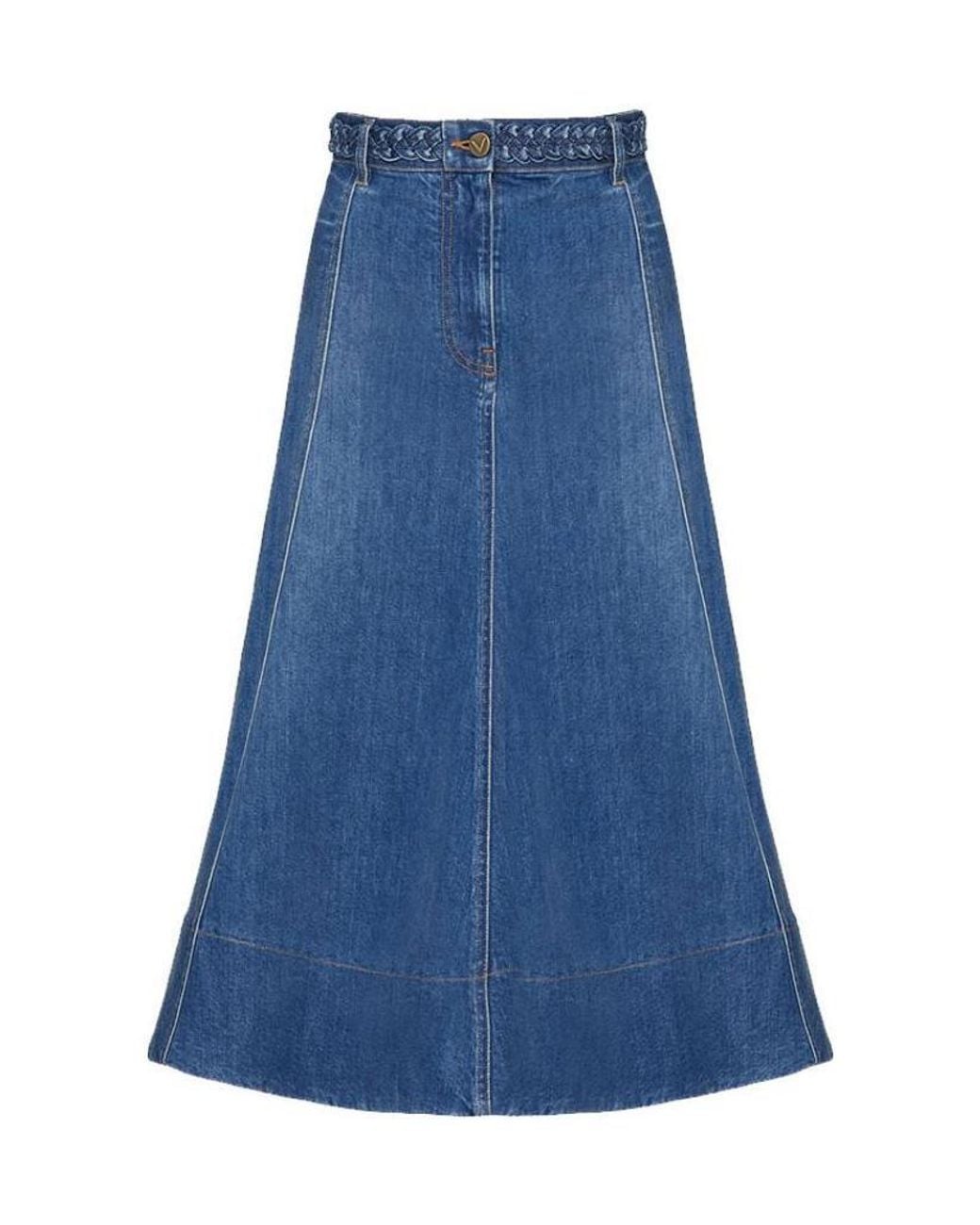 Valentino Blue Braided-Waist Denim Midi Skirt