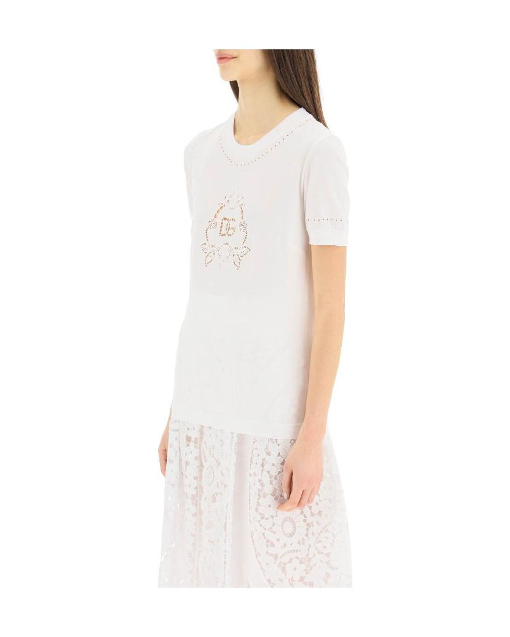 Dolce & Gabbana White Dg Openwork Embroidery Jersey T-Shirt