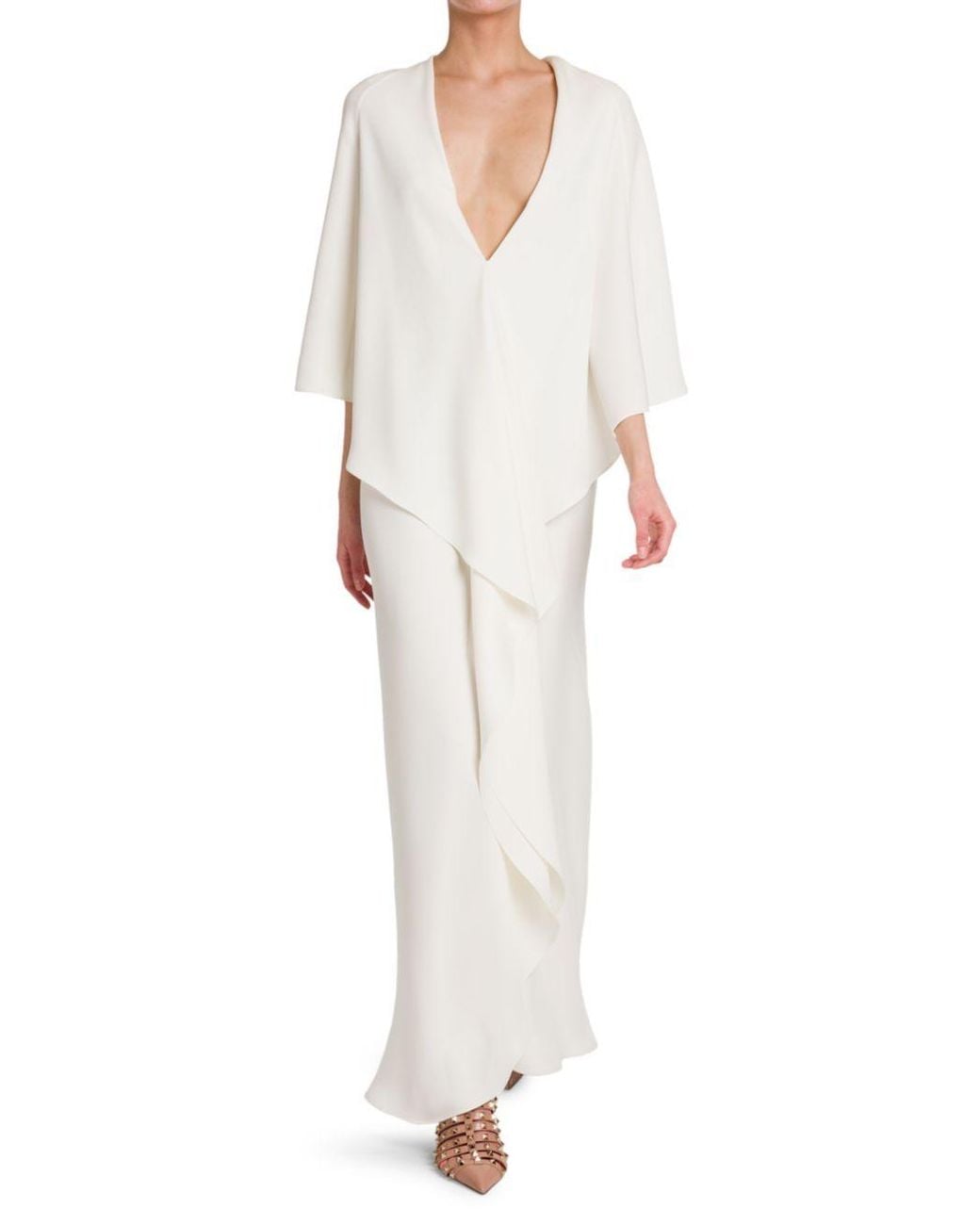 Valentino White V-Neck Draped Dress