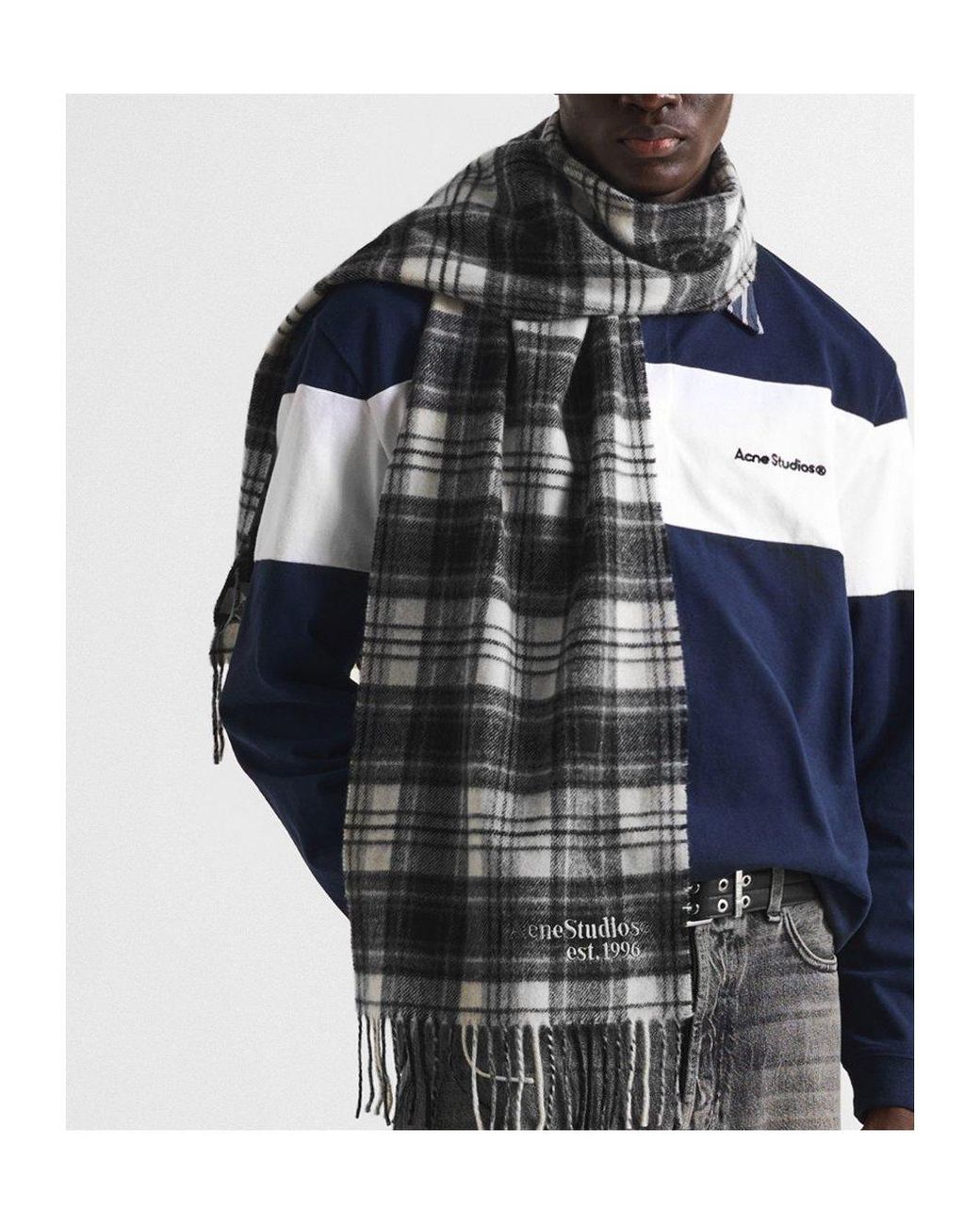 Acne White Checkered Fringe Scarf for men