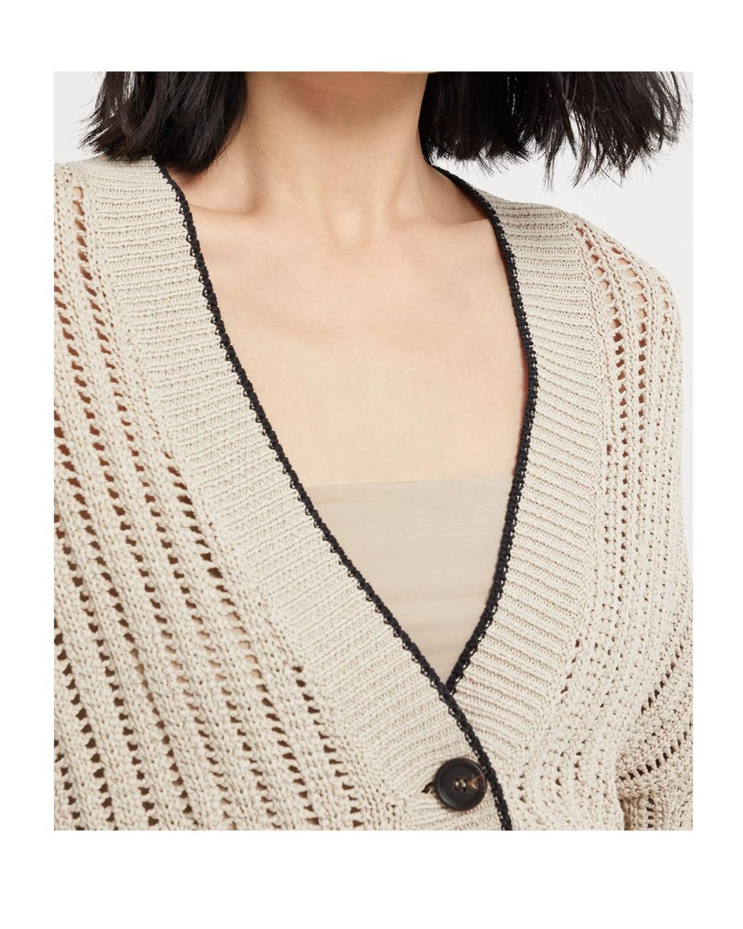 Brunello Cucinelli Brown V-Neck Contrast-Trim Cardigan