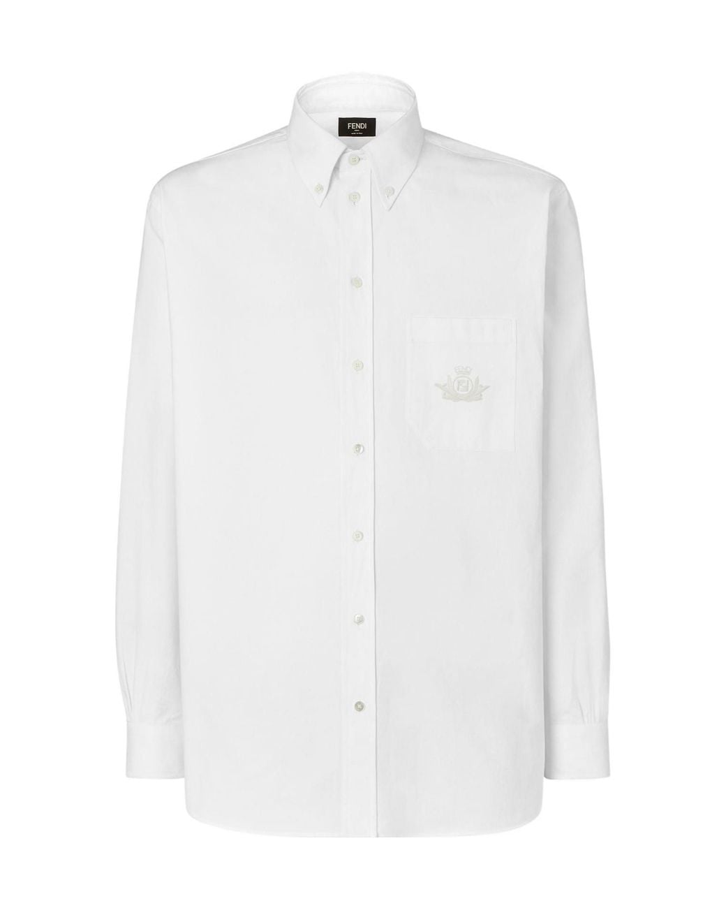 Fendi White Logo Embroidered Collared Long-Sleeve Shirt for men