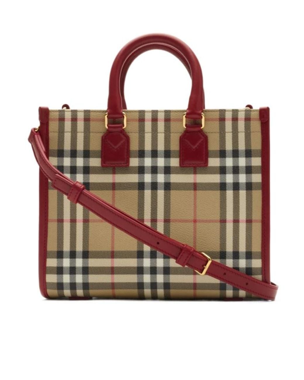 Burberry Red Mini Freya Checked Tote Bag