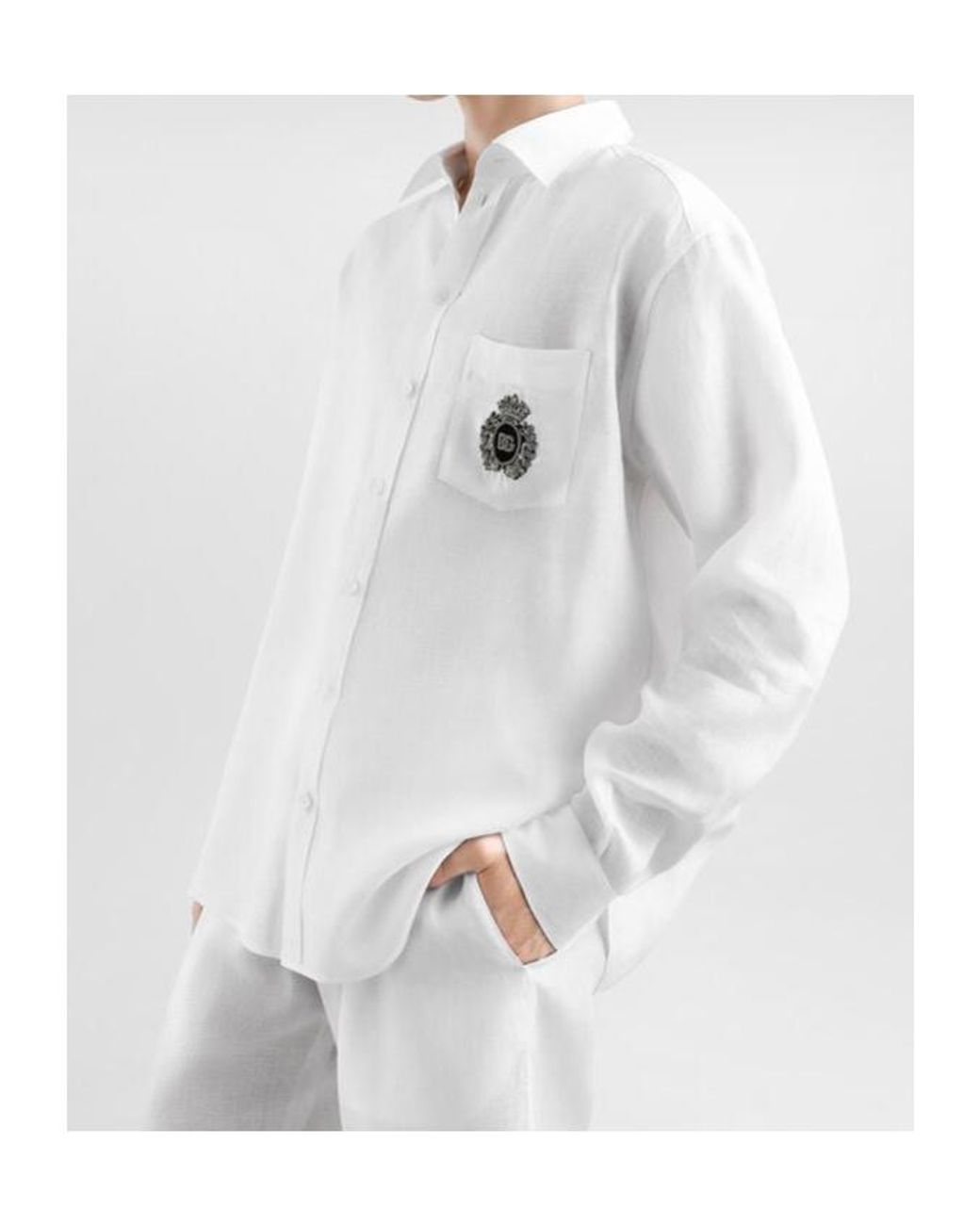 Dolce & Gabbana White Heraldic Patch Long-Sleeved Shirt for men