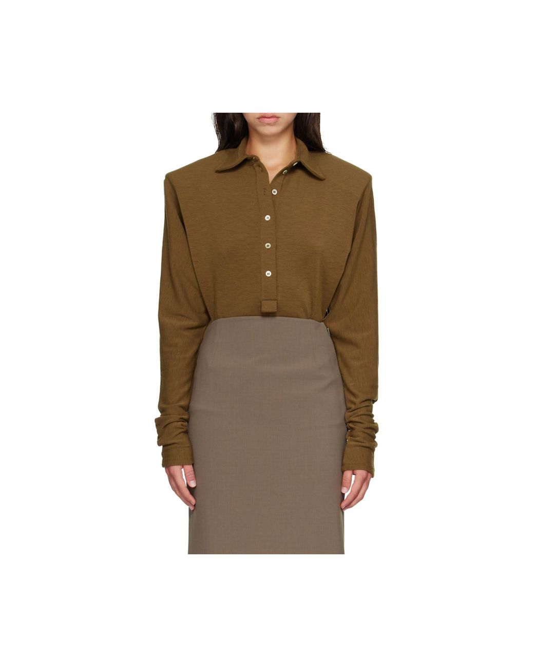 Mugler Brown Bat-Sleeve Polo Bodysuit