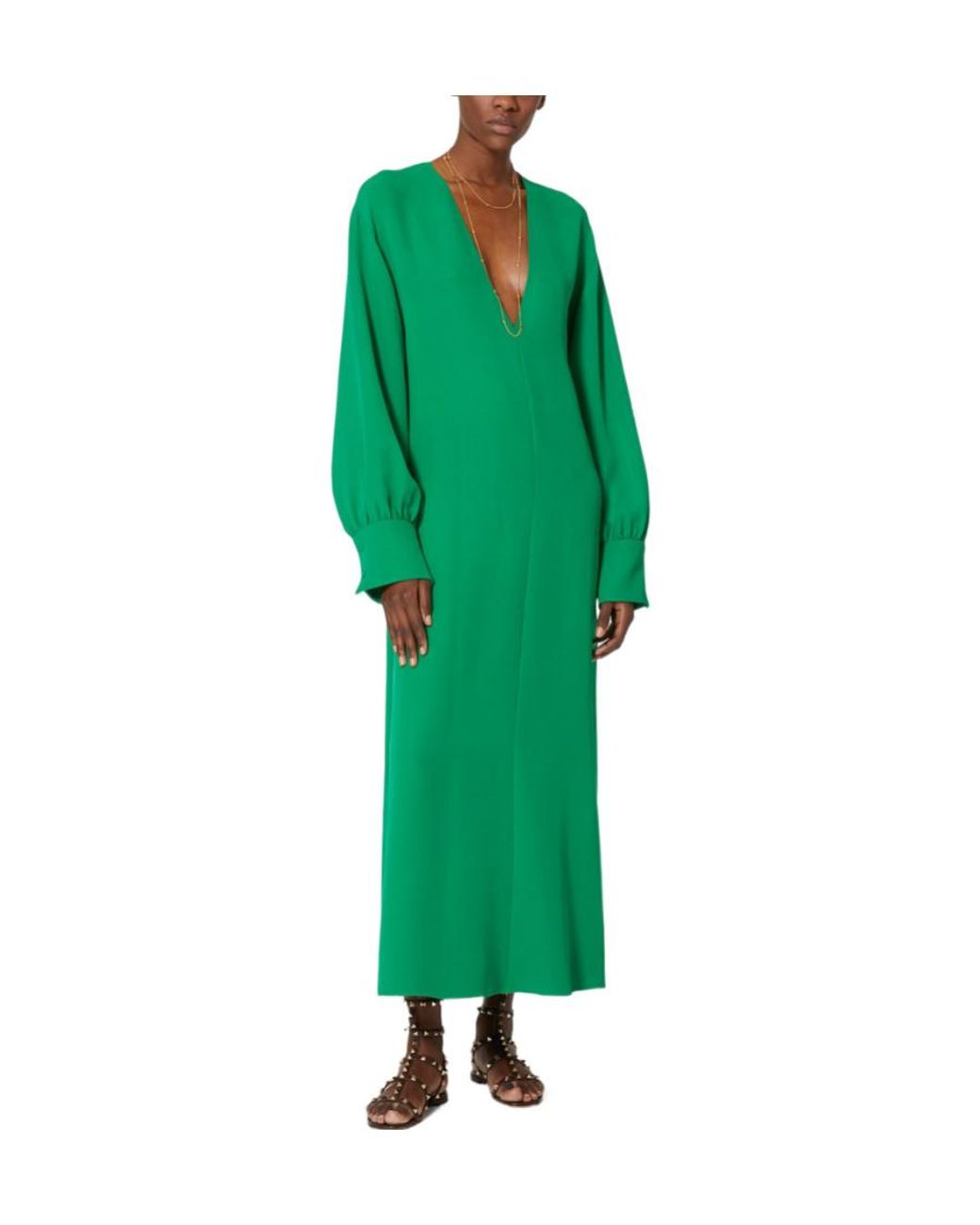 Valentino Green V-Neck Long-Sleeved Dress