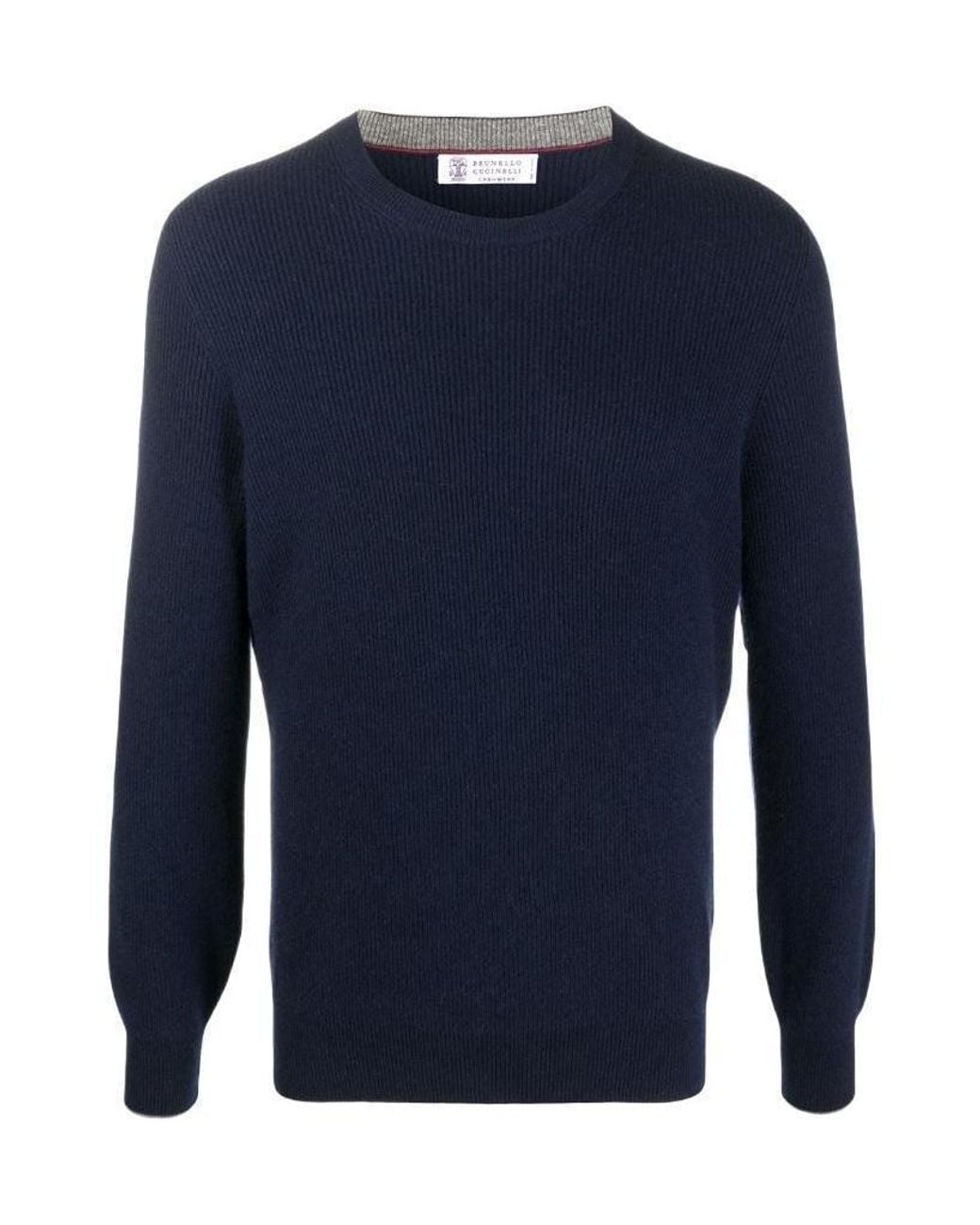 Brunello Cucinelli Blue Cashmere English Rib Sweater for men