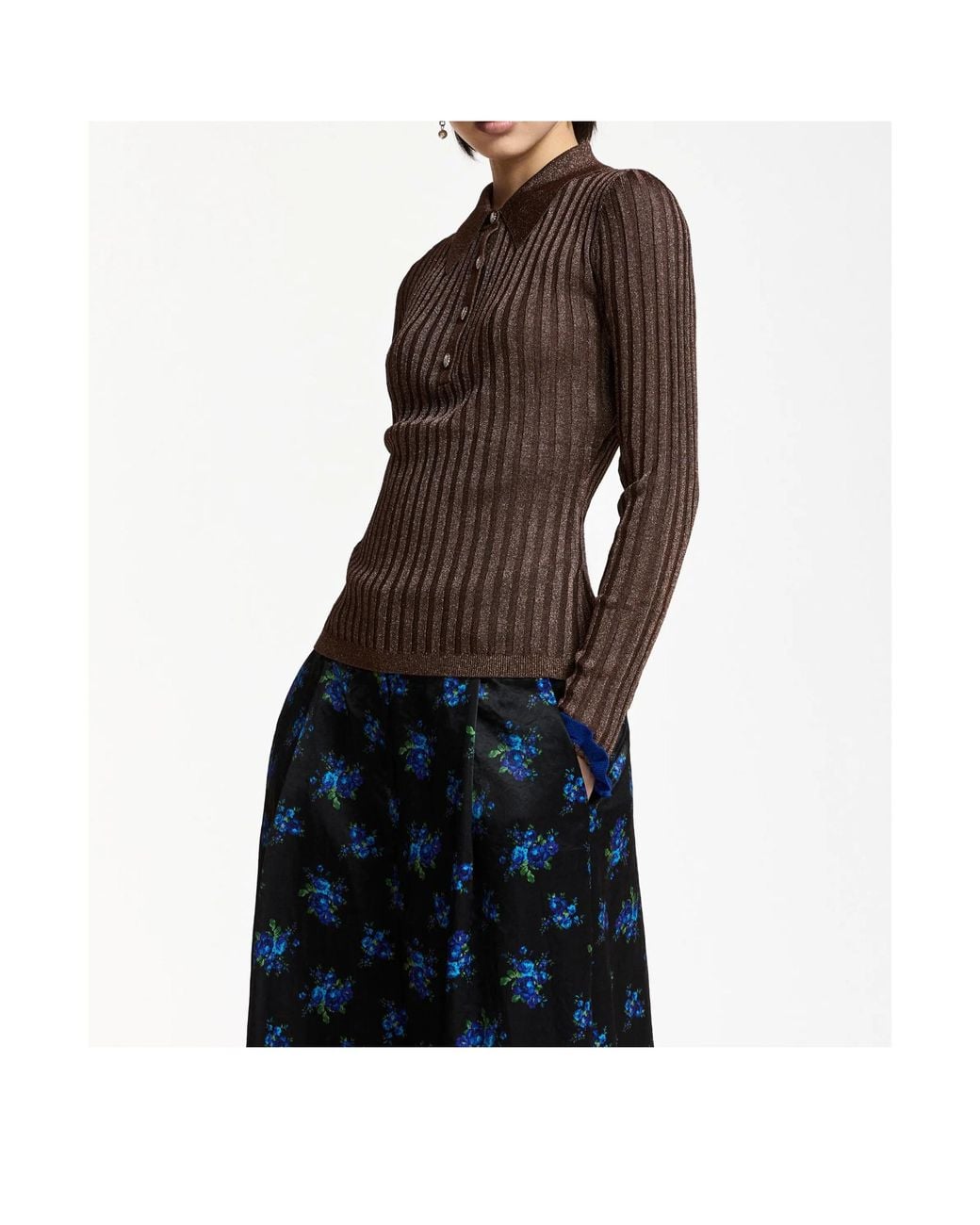 Essentiel Antwerp Brown Ribbed-Knit Polo Shirt