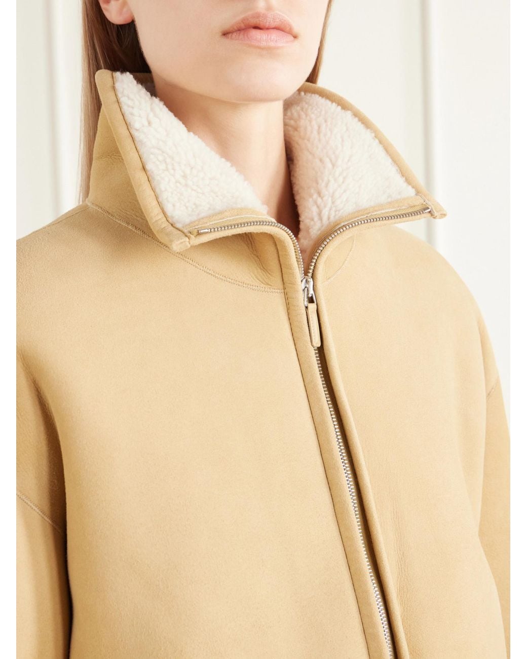 James Perse Natural Cropped Shearling-Trimmed Suede Jacket