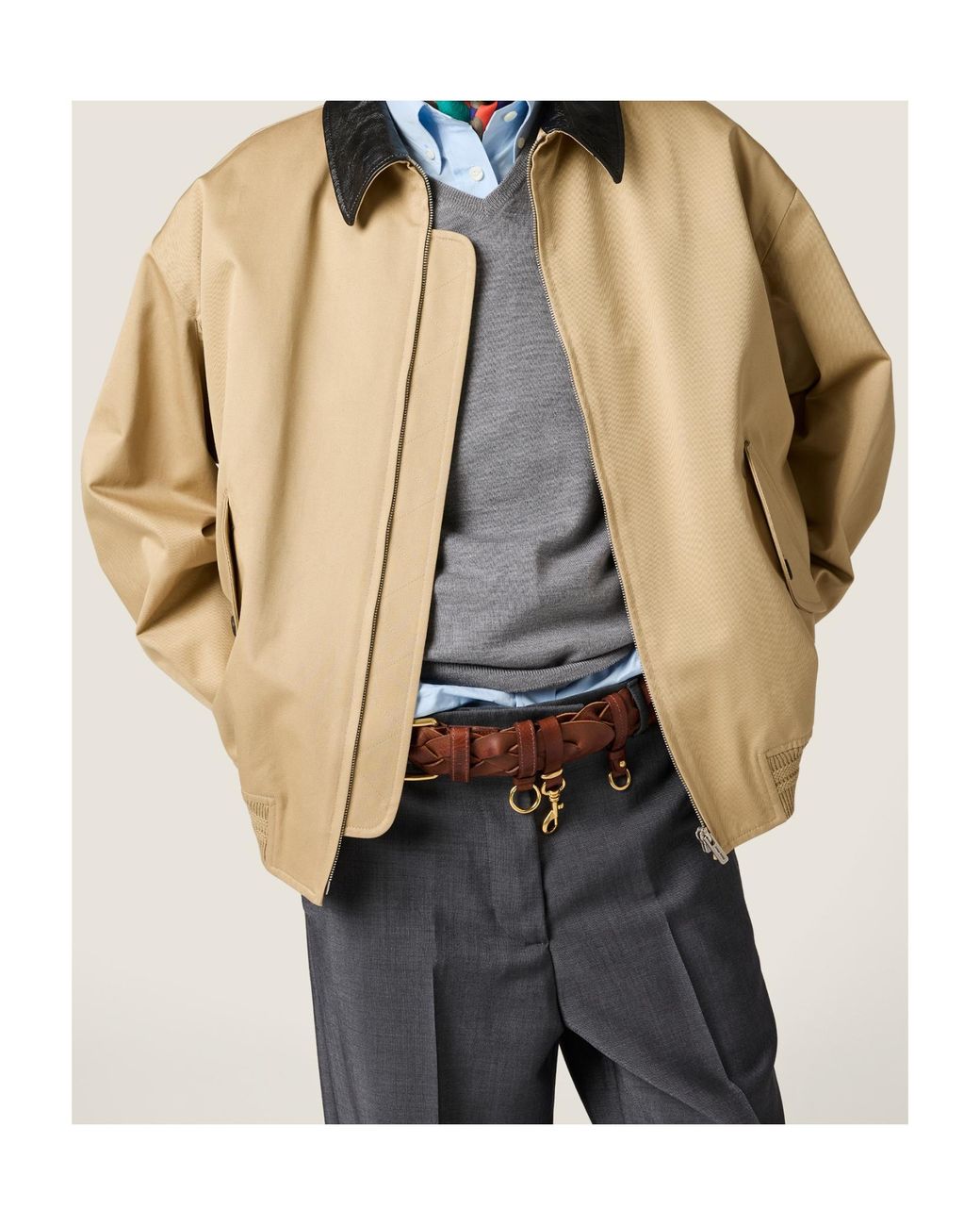 Miu Miu Natural Chino And Leather Bomber Jacket