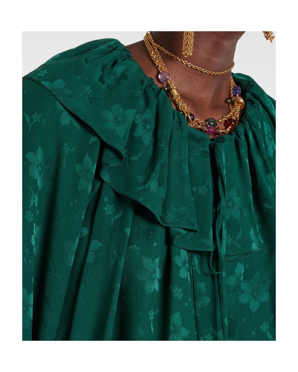 Chloé Green Ruffled Floral Silk Jacquard Midi Dress