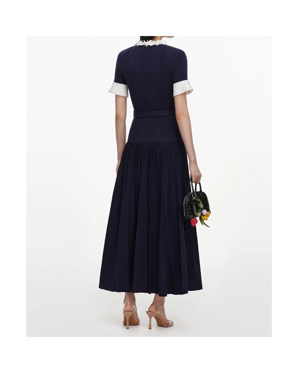 Self-Portrait Blue Belted Floral-Embellished Knitted Maxi Dress