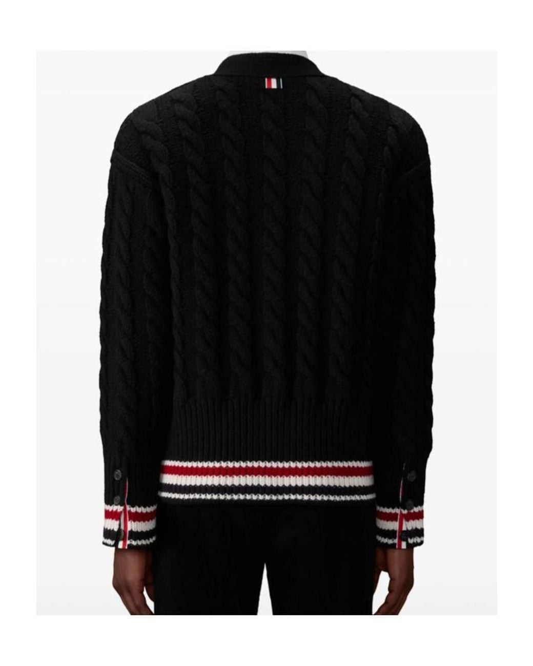 Thom Browne Black V-Neck Stripe-Hem Cardigan for men