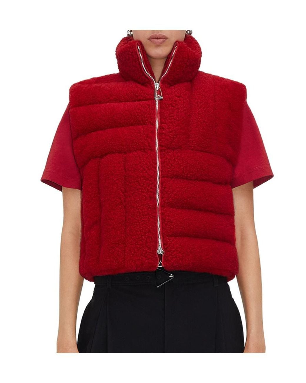 Bottega Veneta Red Quilted Zip-Up Sleeveless Jacket