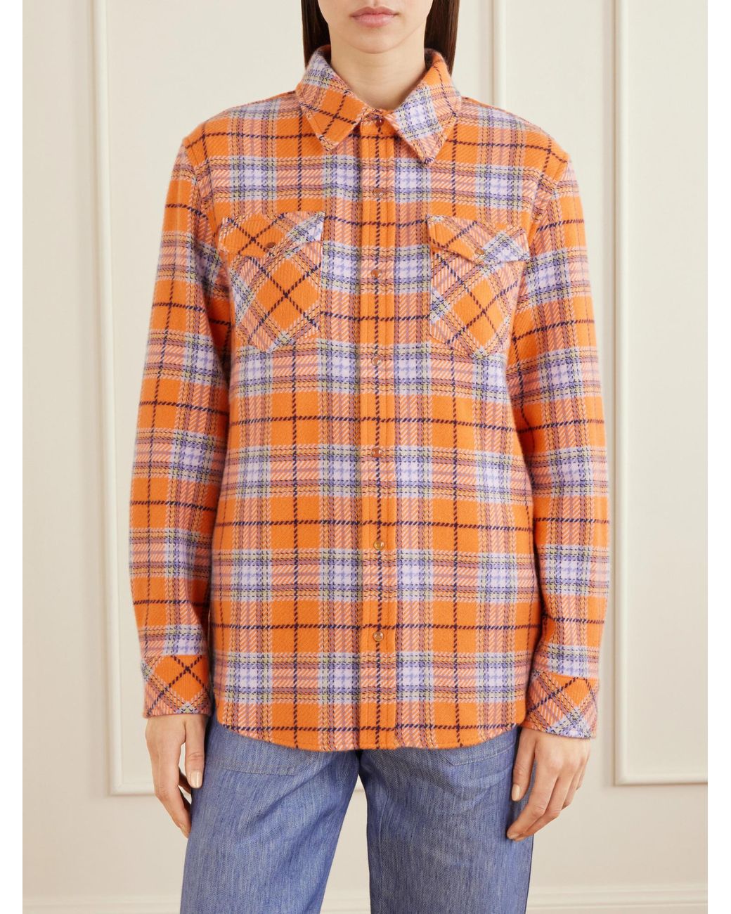 God's True Cashmere Orange Midnight Sun Checked Cashmere Shirt