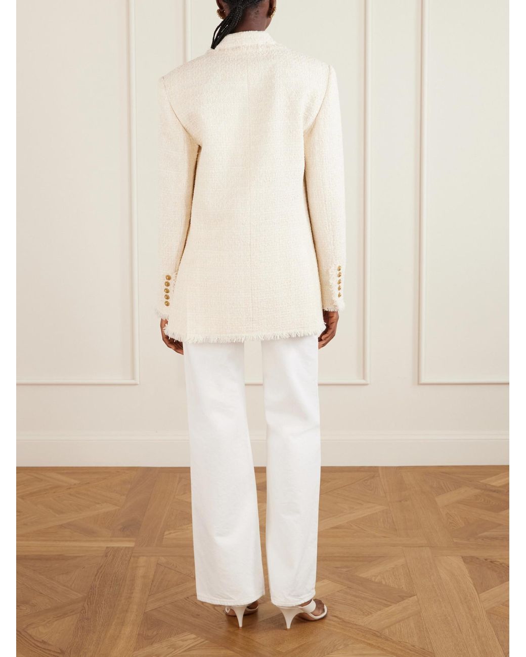 Balmain White Double-Breasted Fringed Trim Jacket