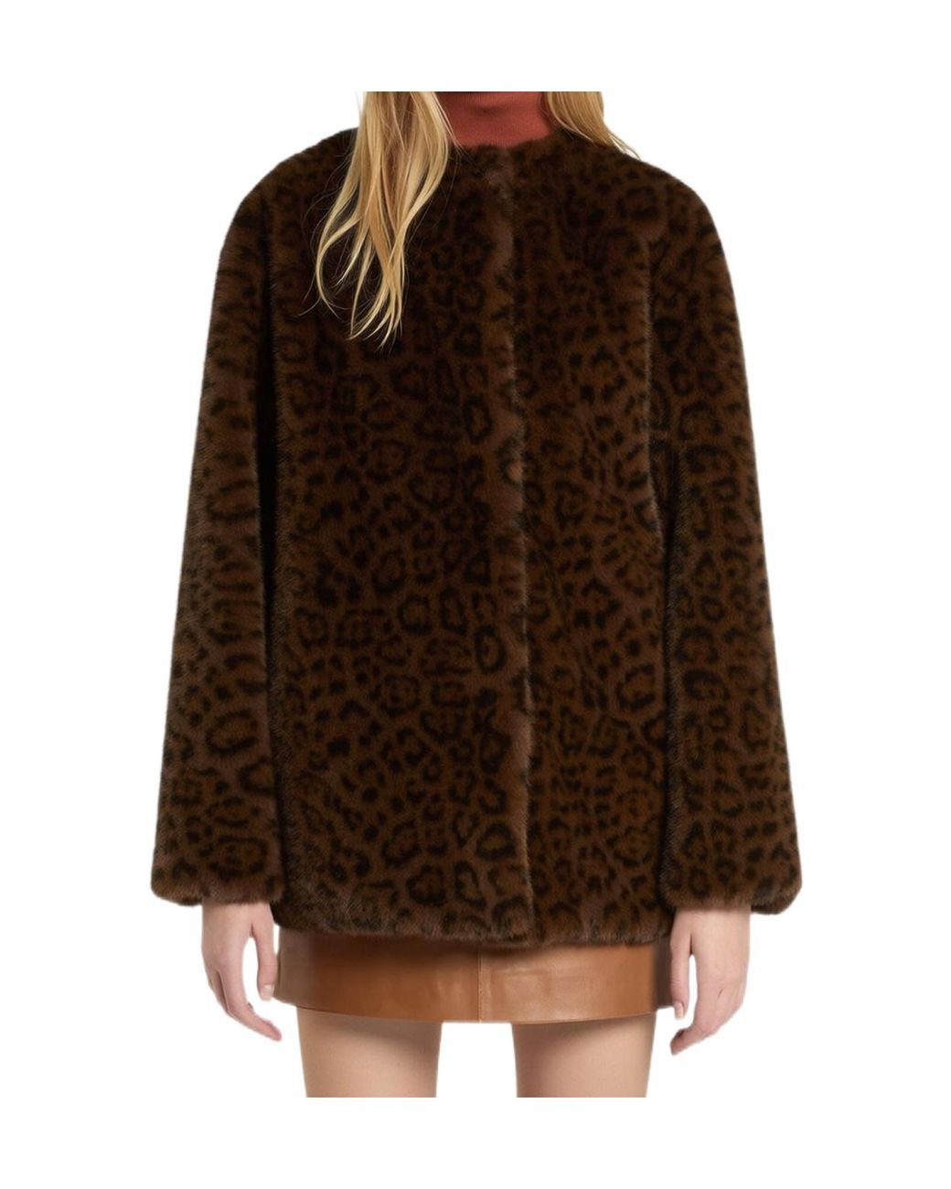 Marella Brown Leopard-Print Long-Sleeve Faux Fur Coat