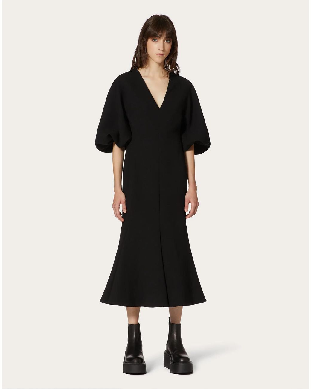 Valentino Black Gathered-Sleeve V-Neck Midi Dress