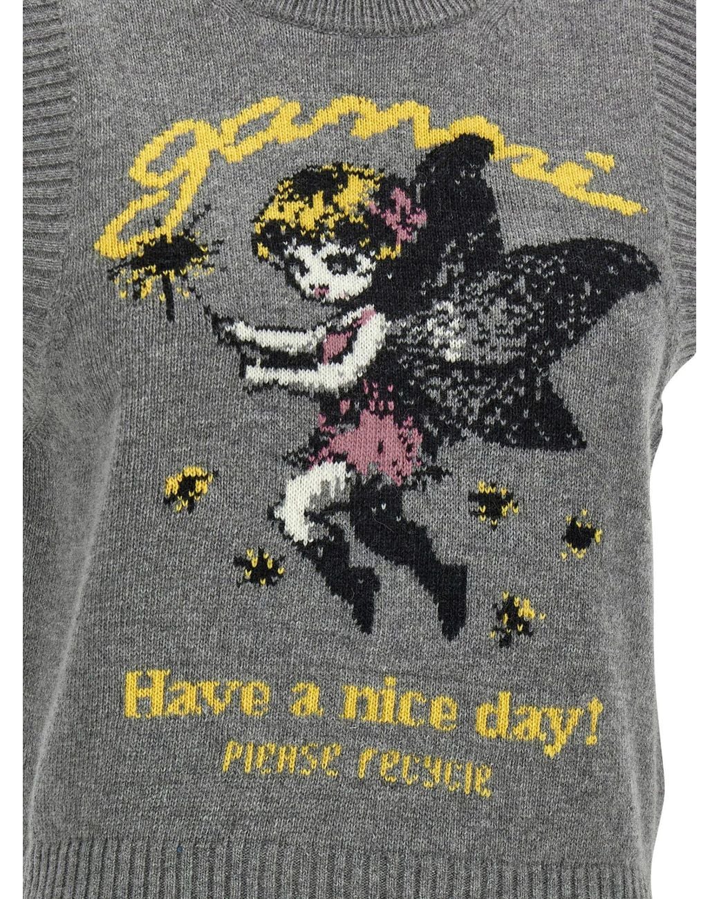 Ganni Gray Graphic Intarsia Knitted Top