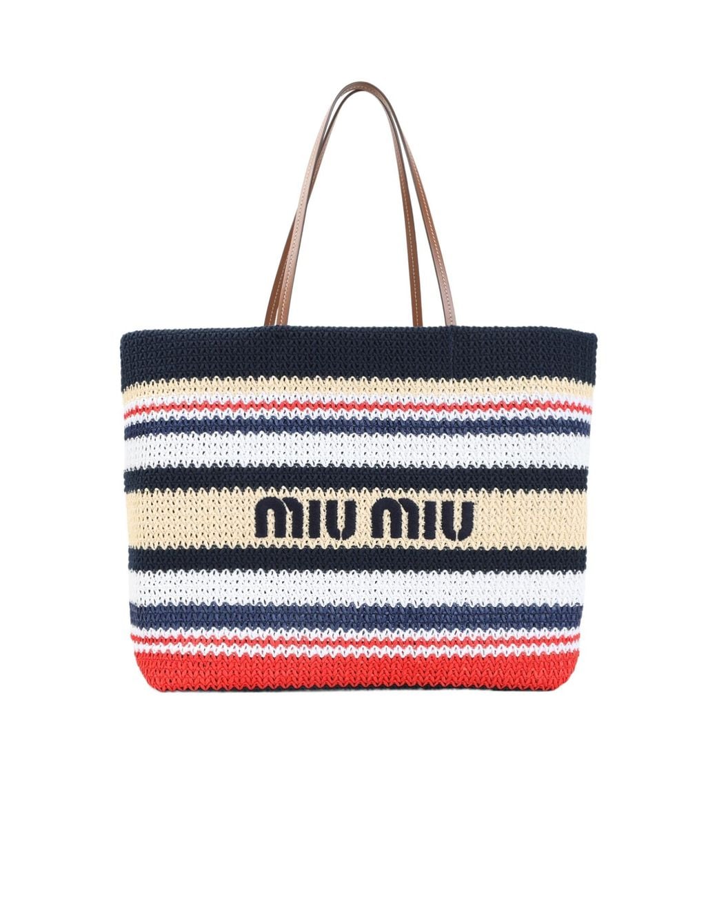 Miu Miu Blue Raffia-Effect Woven Tote Bag